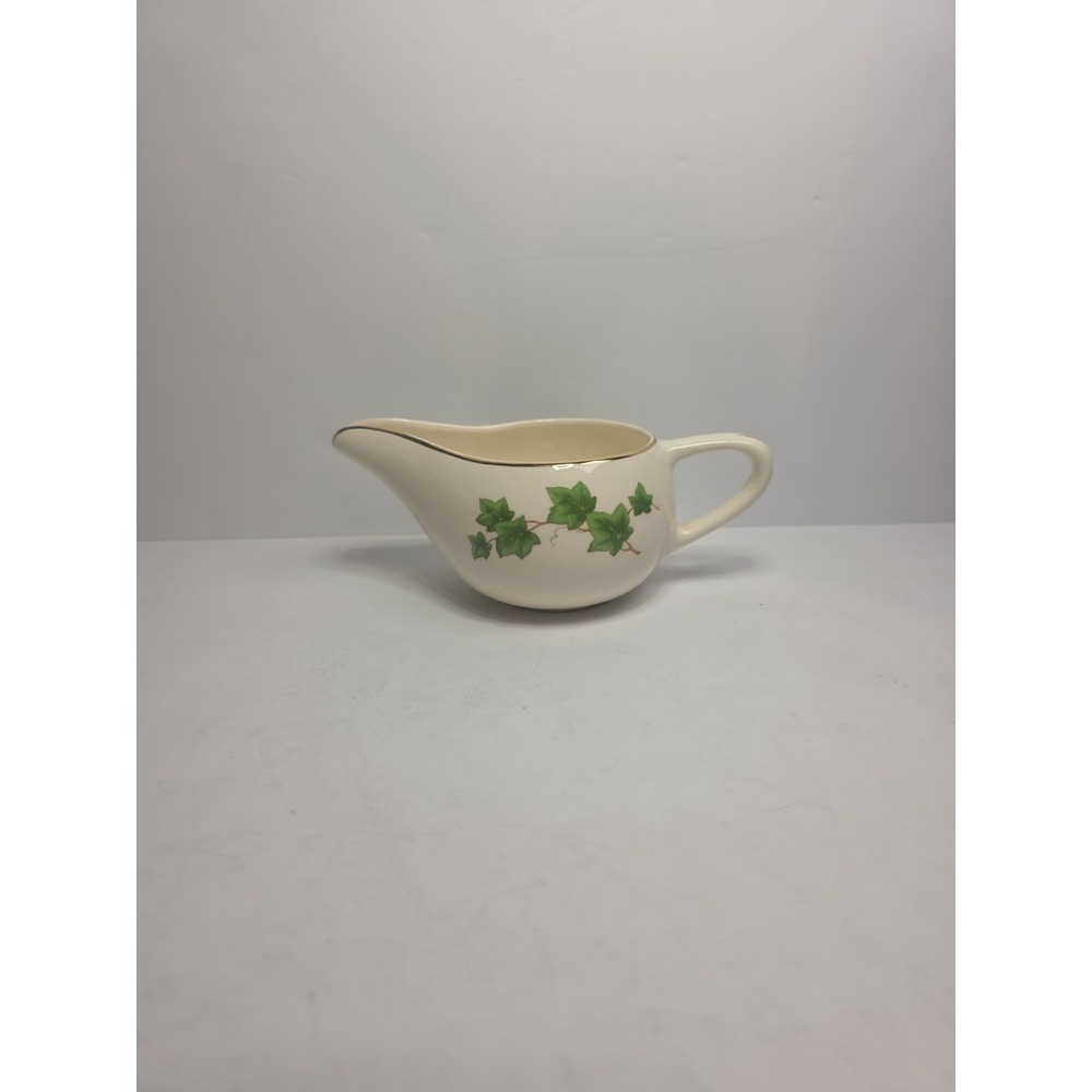 Vintage Paden City West Virginia Pottery Green Ivy Gravy Boat with Gold Trim